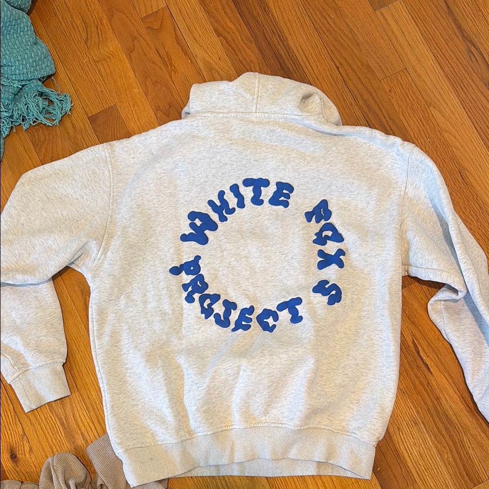 White Fox Boutique Gray Hoodie with Blue Lettering